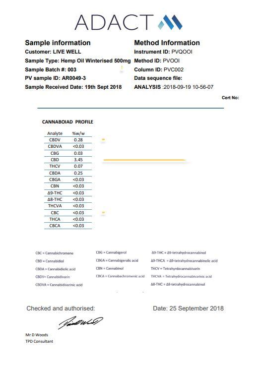 LVWell CBD 500mg Winterised  10ml Hemp Seed Oil